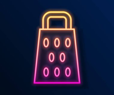 Parlayan neon hattı Grater simgesi siyah arkaplanda izole edildi. Mutfak sembolü. Mutfak aletleri. Çatal bıçak seti. Vektör