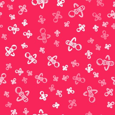 Beyaz çizgi VR denetleyici oyun simgesi kırmızı arkaplanda izole edilmiş pürüzsüz desen. Sanal gerçeklik deneyimi, mevcudiyet hissi, konum takip teknolojisi cihazı. Vektör