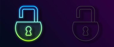 Parlayan neon hattı Açık asma kilit simgesi siyah arkaplanda izole edildi. Kilit açık işareti. Siber güvenlik kavramı. Dijital veri koruması. Vektör