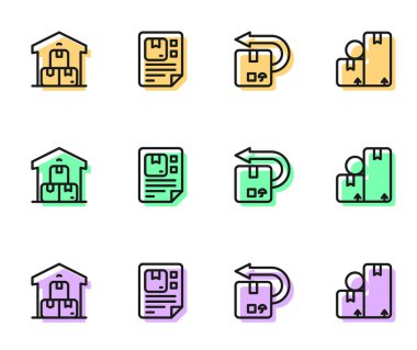 Dönüş çizgisi, karton kutu, full depo, Waybill ve Carton simgesi. Vektör