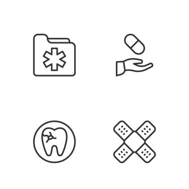 Çizgiyi aşan bandaj bandı, diş fırçası, sağlık dosyası ve reçeteli ikon. Vektör