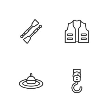 Bahar ölçeğini belirle, balıkçı yüzen su, kürek veya kürek çek tekne ve ceket ikonu. Vektör