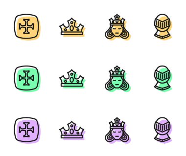 Sıra Prenses ya da Kraliçe, Haçlı Seferi, Kral tacı ve Ortaçağ miğferi ikonu. Vektör