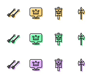 Orta Çağ bayrağı, oklar, kral tacı ve balta simgesi. Vektör