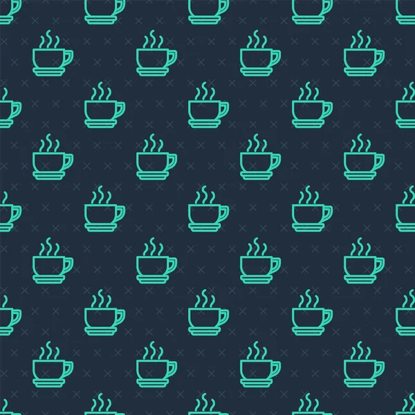 Green line Coffee cup icon isolated seamless pattern on blue background. Tea cup. Hot drink coffee. Vector — Stock Vector