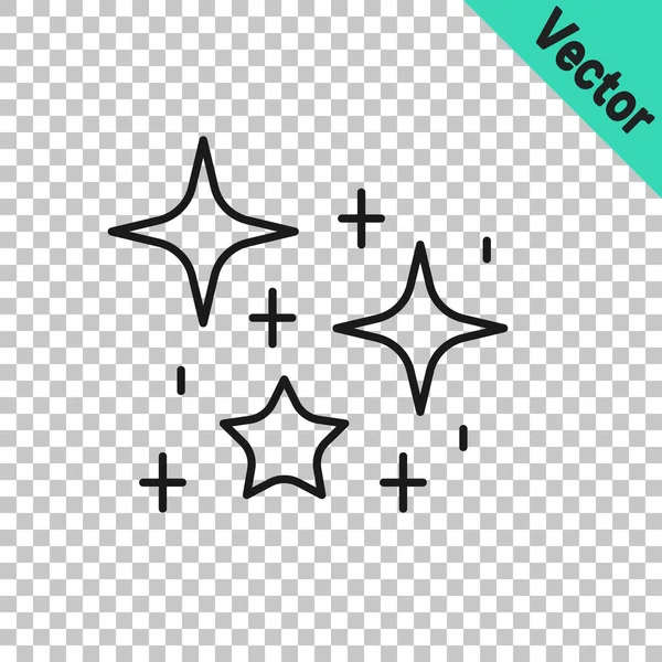 Schwarze Linie Funkelnde Sterne mit magischen Glitzerpartikeln auf transparentem Hintergrund. Magische Weihnachtsdekoration. Vektor — Stockvektor