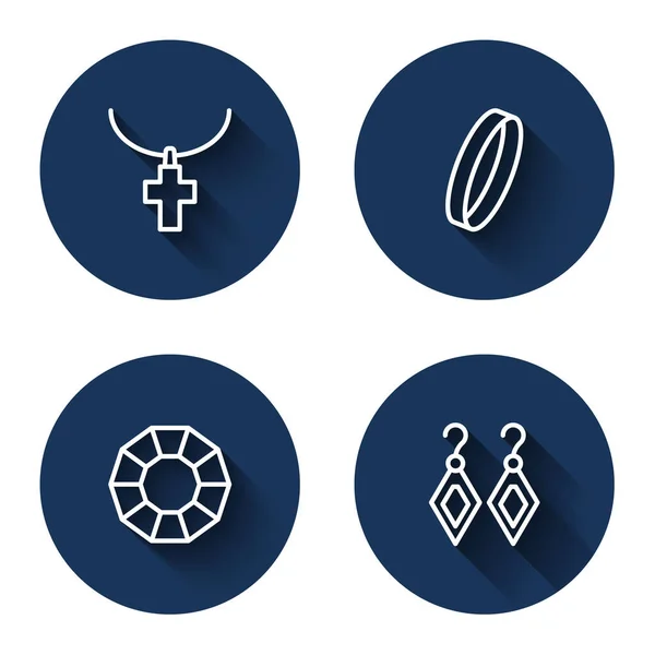 Установите христианский крест на цепи, обручальное кольцо, бриллианты и серьги с длинной тенью. Синяя кнопка круга. Вектор — стоковый вектор