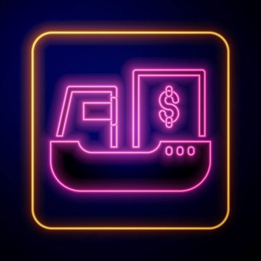 Parlayan neon kargo gemisi, siyah arkaplanda kutucuk servis simgesi izole edildi. Teslimat, ulaşım. Paketleri, kutuları, malları olan bir şilep. Vektör