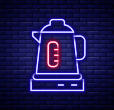 Parlayan neon hattı elektrik ısıtıcısı ikonu tuğla duvar arka planında izole edildi. Çaydanlık ikonu. Renkli taslak konsepti. Vektör