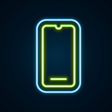 Parlayan neon hattı Smartphone, siyah arkaplanda izole edilmiş cep telefonu simgesi. Renkli taslak konsepti. Vektör