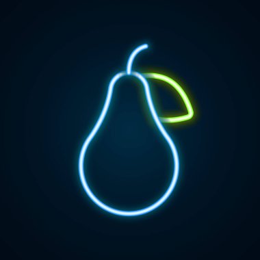 Parlayan neon hattı Pear simgesi siyah arkaplanda izole edildi. Yaprak sembollü meyve. Renkli taslak konsepti. Vektör