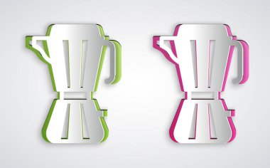 Kağıt kesiği kahve makinası simgesi gri arka planda izole edilmiş. Kağıt sanatı tarzı. Vektör