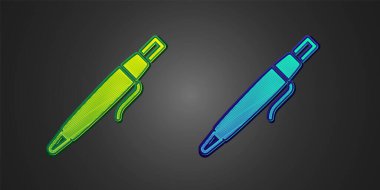 Siyah arkaplanda yeşil ve mavi kalem simgesi var. Vektör