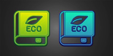 Siyah arka planda izole edilmiş ekoloji ikonu hakkında yeşil ve mavi kitap. Biyoloji kitabı. Vektör