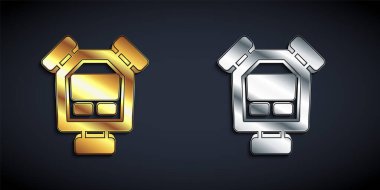 Siyah arkaplanda altın ve gümüş renkli Stopwatch simgesi var. Zaman göstergesi. Kronometre işareti. Uzun gölge tarzı. Vektör