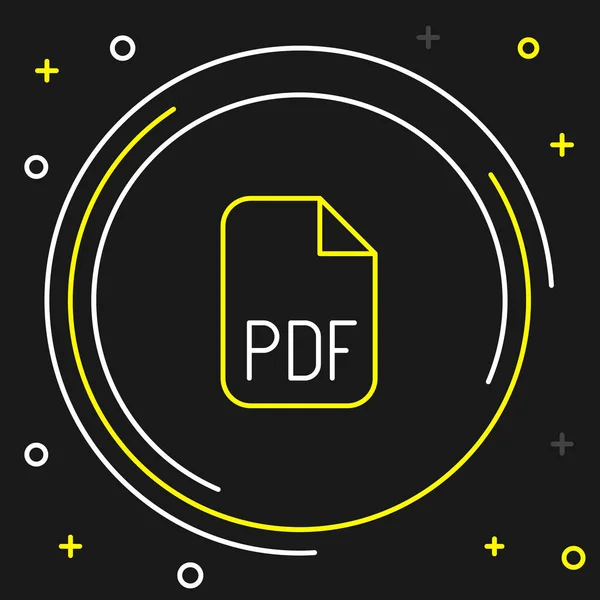 Pdfファイルのドキュメントを行します 黒の背景に隔離されたPdfボタンアイコンをダウンロードします Pdfファイルのシンボル カラフルなアウトラインコンセプト ベクトル — ストックベクタ