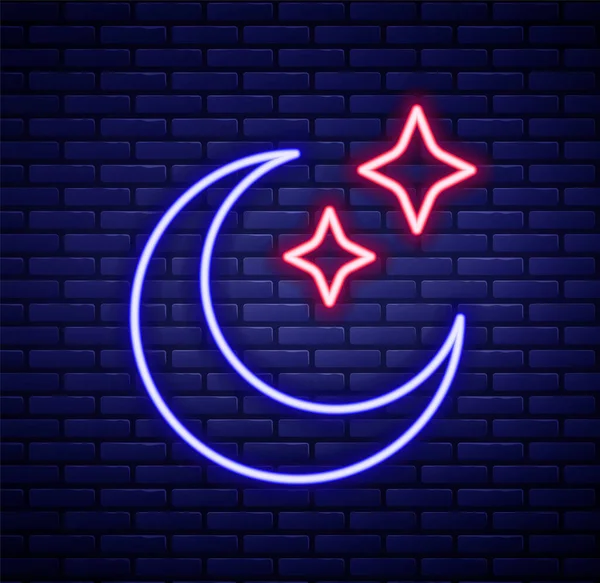 Glowing Neon Line Moon Stars Icon Isolated Brick Wall Background — Stock Vector