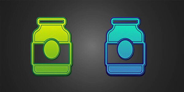 Green and blue Jam jar icon isolated on black background.  Vector