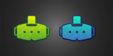 Siyah arkaplanda yeşil ve mavi sanal gerçeklik gözlüğü simgesi var. Stereoskopik 3D VR maskesi. Optik baş monte edildi. Vektör