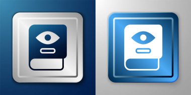 Beyaz Eskiler 'in sihirli kitabı, simya tarifleri, gizemli büyüler ve mavi ve gri arka planda izole edilmiş büyülü ikonlar. Gümüş ve mavi kare düğme. Vektör