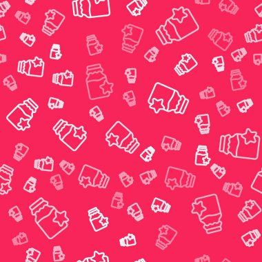 Beyaz çizgi kavanoz bal ikonu kırmızı arkaplanda izole edilmiş pürüzsüz desen. Yiyecek bankası. Tatlı doğal gıda sembolü. Vektör