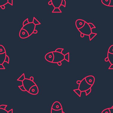 Kırmızı çizgi Balık simgesi siyah arkaplanda kusursuz desen izole etti. Vektör