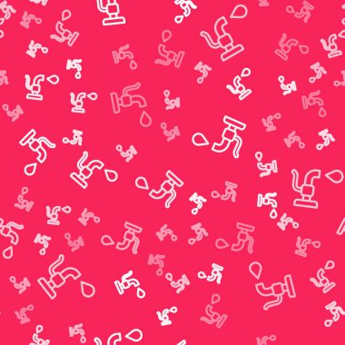 Beyaz çizgi su musluğu simgesi kırmızı arkaplanda izole edilmiş. Vektör