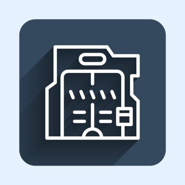 Beyaz çizgi Futuristik sürgülü kapı simgesi uzun gölge arkaplan izole. Mavi kare düğme. Vektör