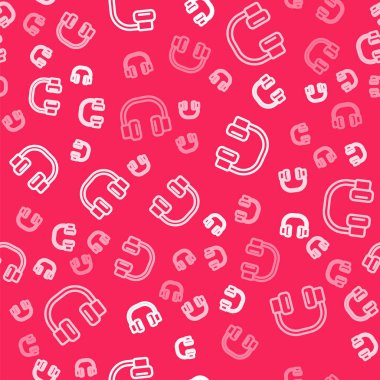 Beyaz çizgi kulaklık simgesi kırmızı arkaplanda izole edilmiş kusursuz desen. Kulaklıklar. Müzik, hizmet, iletişim ve operatör konsepti. Vektör