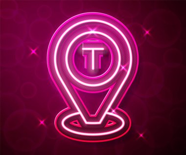 Kırmızı arka planda izole edilmiş, parlayan neon çizgili harita işaretçisi. Konum sembolü. Vektör