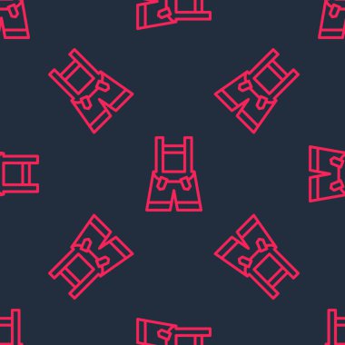 Kırmızı çizgi Lederhosen simgesi siyah arkaplanda izole edilmiş. Geleneksel Bavyera kıyafetleri. Oktoberfest kıyafeti. Pantolon ve pantolon askısı. Patrick günü. Vektör