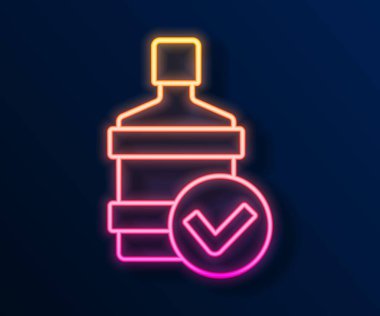 Parlayan neon hattı. Siyah zemin üzerinde temiz su ikonu olan büyük şişe. Soğutucu için plastik kap. Vektör