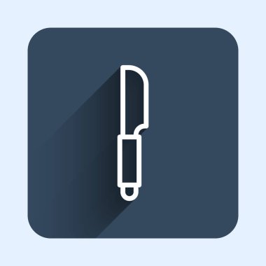 Beyaz çizgi bıçak ikonu uzun gölge arkaplan izole. Çatal bıçak sembolü. Mavi kare düğme. Vektör