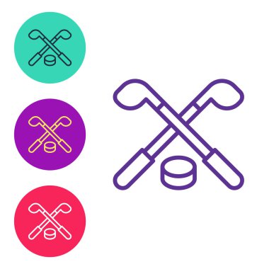 Buz hokeyi sopaları ve disk ikonu beyaz arka planda izole edildi. Oyun başlasın. Simgeleri renklendirin. Vektör