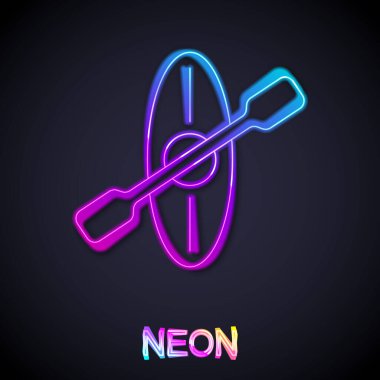 Parlayan neon hattı kano ve kürek simgesi siyah arkaplanda izole edildi. Balıkçılık ve turizm için kano. Açık hava aktiviteleri. Vektör
