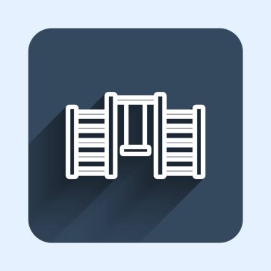 Beyaz çizgi ahşap duvar ikonu uzun gölge arkaplanı ile izole edilmiş. İsveç merdivenleri. Mavi kare düğme. Vektör