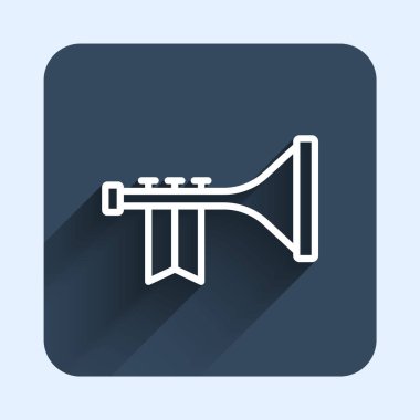 Beyaz çizgi Trompet simgesi uzun gölge arkaplanı ile izole edildi. Müzik aleti. Mavi kare düğme. Vektör