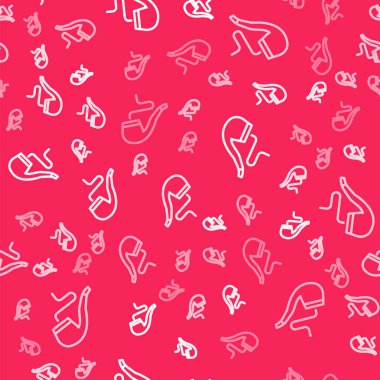 Beyaz çizgi duman ikonlu sigara piposu kırmızı arka planda izole edilmiş. Tütün piposu. Vektör