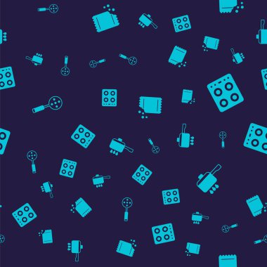 Spatula 'yı, gaz ocağını, biber paketini ve tencereyi kusursuz bir şekilde ateşe ver. Vektör