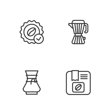 Kahve çekirdeği torbası, bardağı taşıran damla, madalya ve kahve ikonu. Vektör