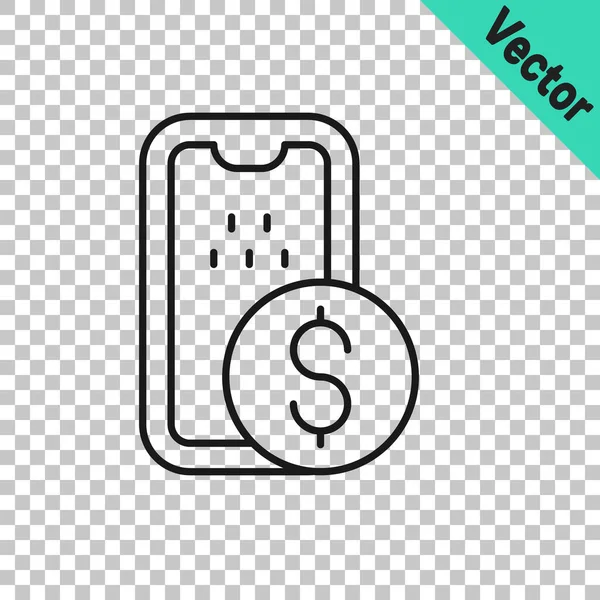 Black Line Mobile Banking Icon Isolated Transparent Background Transfer Money — Stock Vector