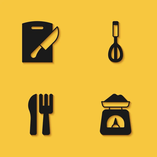 Set Tabla Cortar Cuchillo Básculas Tenedor Cruzado Icono Batidor Cocina — Vector de stock