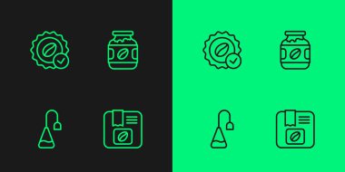 Kahve çekirdeği torbası, çay poşeti, madalya ve kahve kavanozu ikonu. Vektör