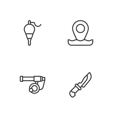 Misinayı, oltayı, oltayı ve balık tutma ikonunu ayarlayın. Vektör