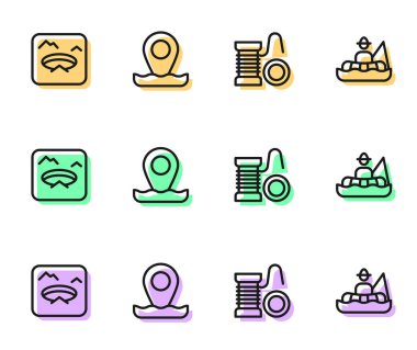 Balık tutmak için halat makarası, Kış, Konum ve Balıkçı teknesi ikonu. Vektör