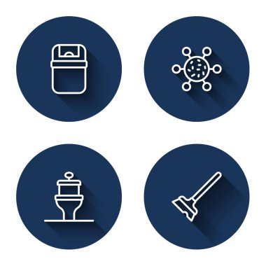 Çöp tenekesi, bakteri, klozet ve uzun gölgeli paspas. Mavi daire düğmesi. Vektör