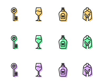 Parfüm, eski anahtar, şarap kadehi ve Roma ordu miğferi ikonu. Vektör