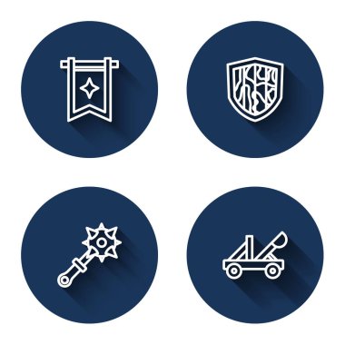 Orta Çağ bayrağı, Kalkan, sivri uçlu biber gazı ve uzun gölgeli mancınık. Mavi daire düğmesi. Vektör