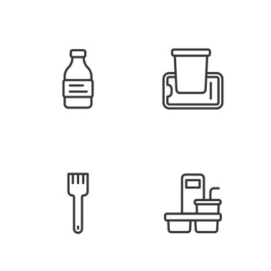 Kahve fincanını paket yap, çatal, şişe suyu ve yiyecek siparişini mobil ikona ver. Vektör