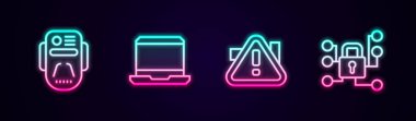Çizgiyi yapay zeka robotu, dizüstü bilgisayar, ünlem işareti üçgeni ve siber güvenlik olarak ayarla. Parlayan neon ikonu. Vektör